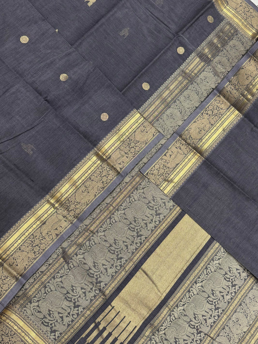 Pure Handloom Kanchi rich Cotton Saree | grey x zari | parrot X Kamala BUTTA thread weaving