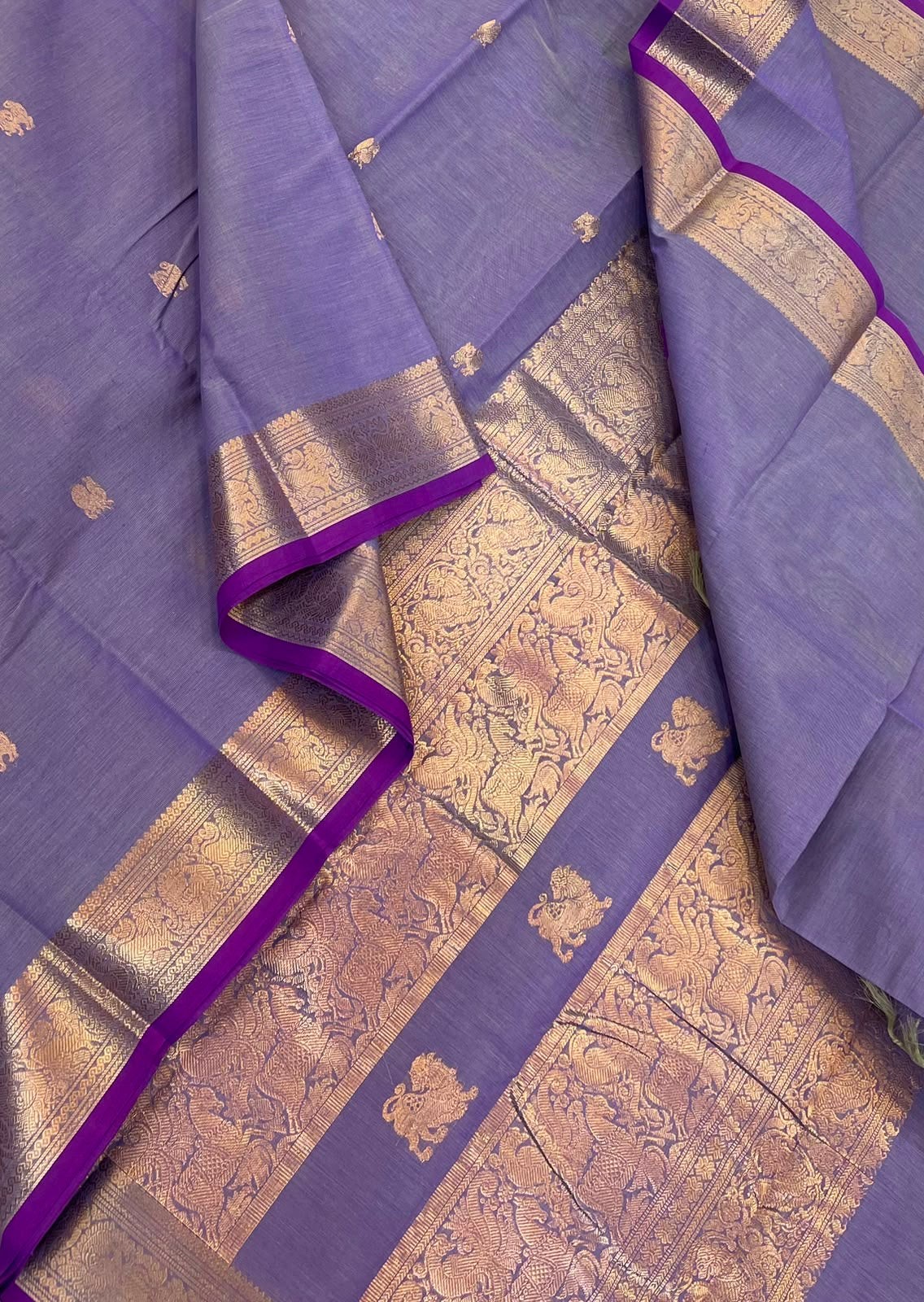 Pure Handloom Kanchi rich Cotton Saree | lavender X Violet | Zari woven motif x rich border