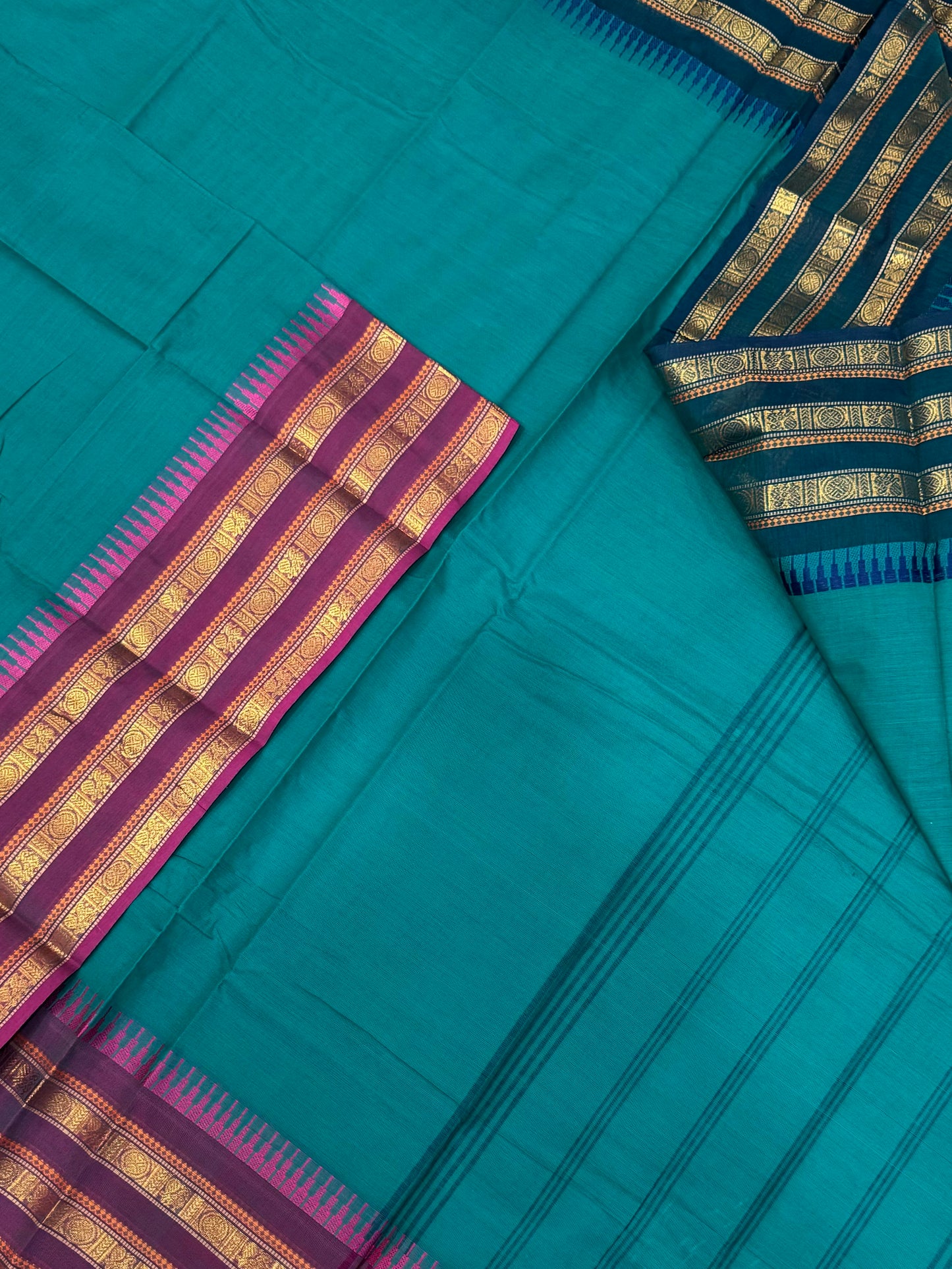 Kanchi soft cotton | cyan green X ganga Jamuna triple Zari border