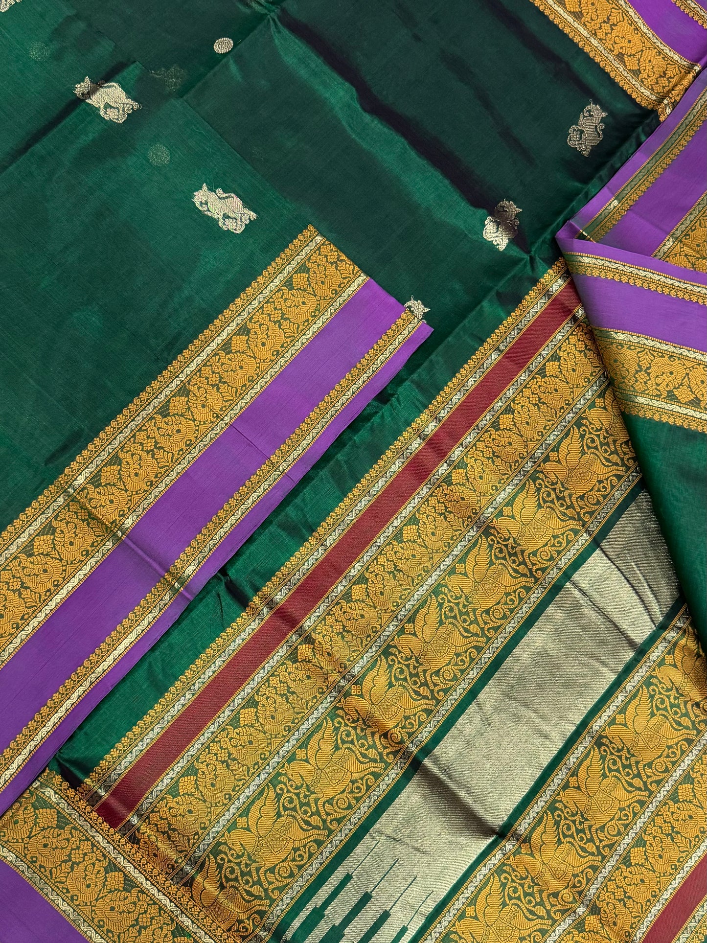 Kanchi Silk Cotton Sarees | luxury silk cotton | thread woven pallu X minimal zari motif | green X violet