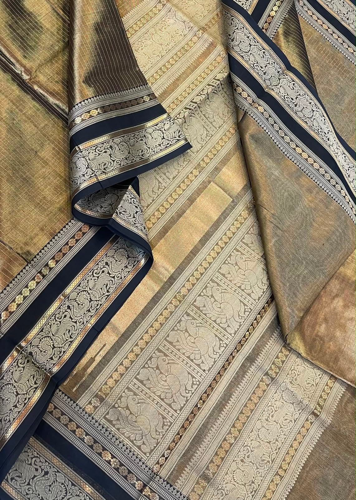 Kanchi tissue Silk Cotton Sarees | rettaipet zari thread woven border x tissue body | antique gold x black