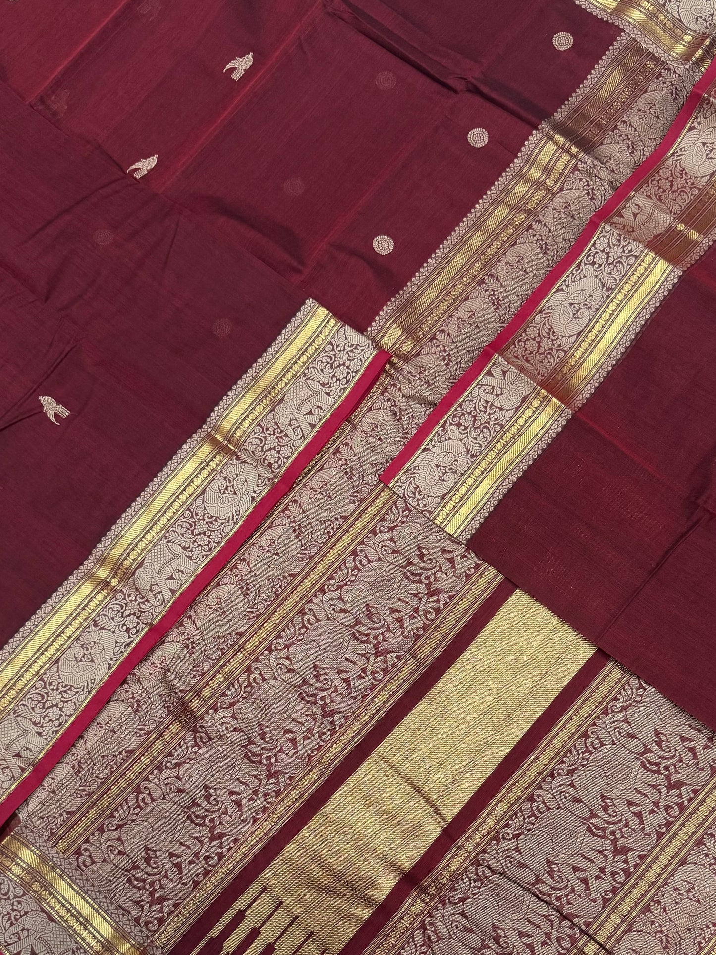 Pure Handloom Kanchi rich Cotton Saree | marron x zari | parrot X Kamala BUTTA thread weaving