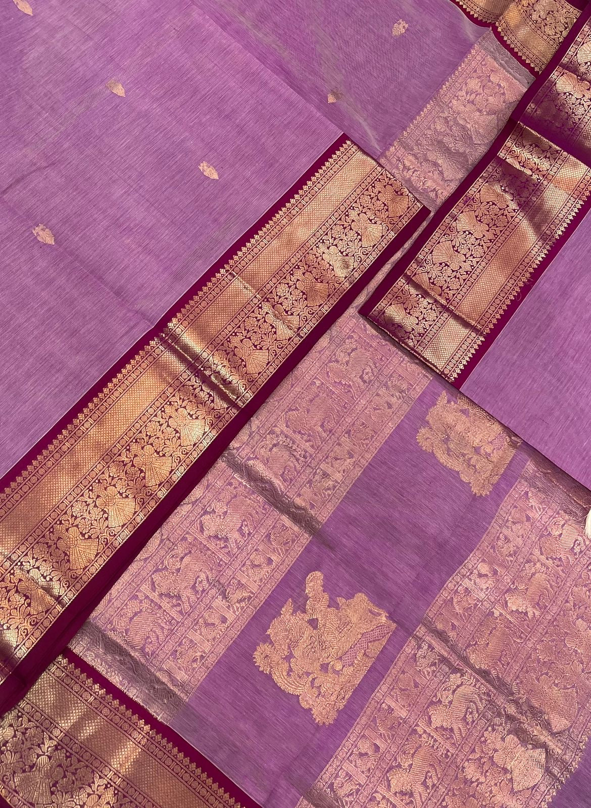 Kanchi Silk Cotton Sarees | VeeraShivaji motifs pallu x rich eruthalapakshi border| pastel pink X marron