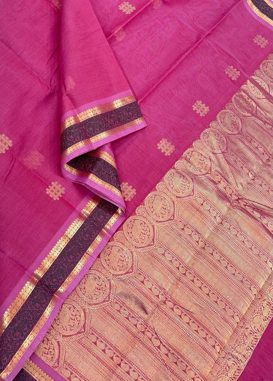 Kanchi handloom rich cotton | tiny zari border x rich Pallu | pink  x Zari kolam