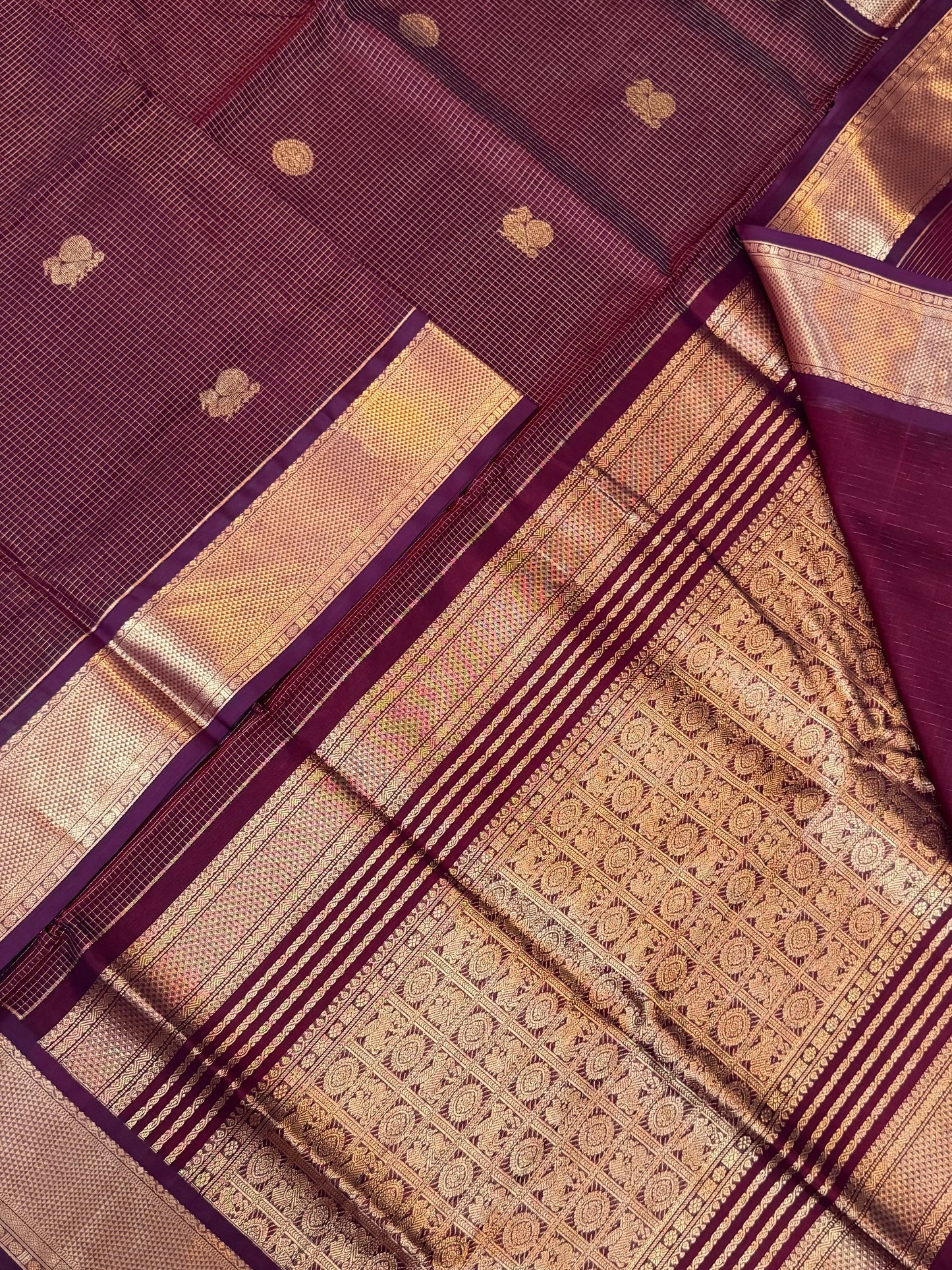 Kanchi Silk Cotton Sarees | luxury silk cotton | VAIRAOOSI muthukattam X mayil X chakram | marron x gold NKV37