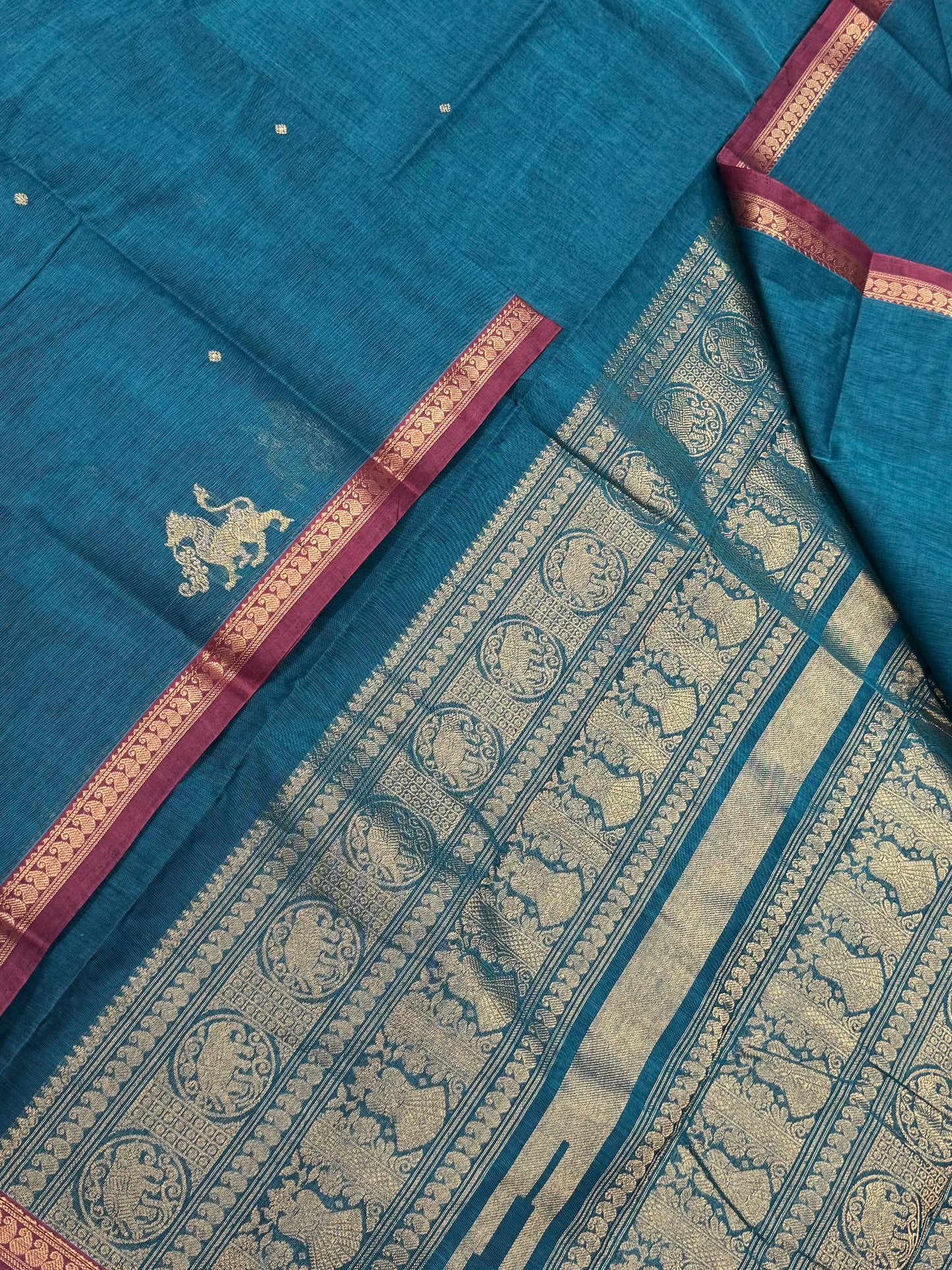 Pure Handloom Kanchi rich Cotton Saree | tiny border X yhazli | blue X pink | intricate rich thread woven Pallu