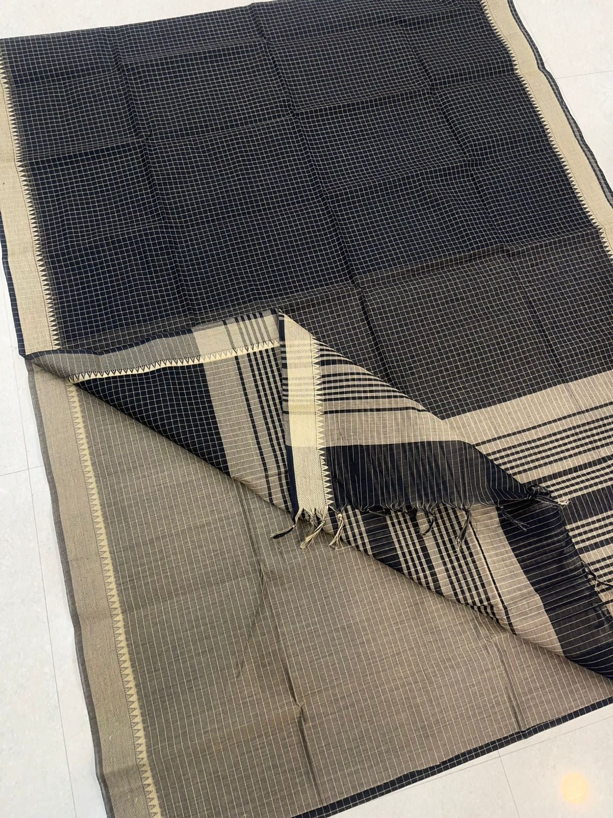 Kadhi soft Cotton | black x cream | thread border