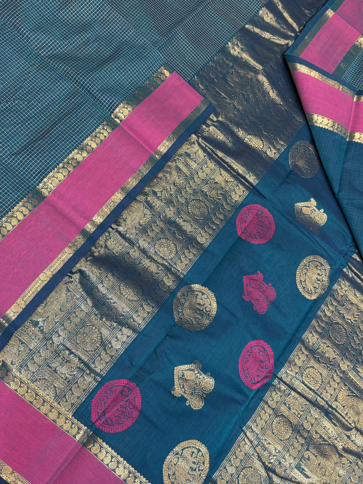 Pure Handloom Kanchi rich Cotton Saree | rich rettaipet border x teal blue kattam | blue x pink