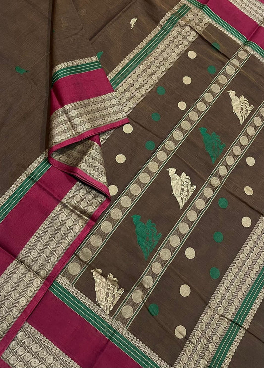 Pure Handloom Kanchi rich Cotton Saree | Kalakshetra killi |earth green x marron