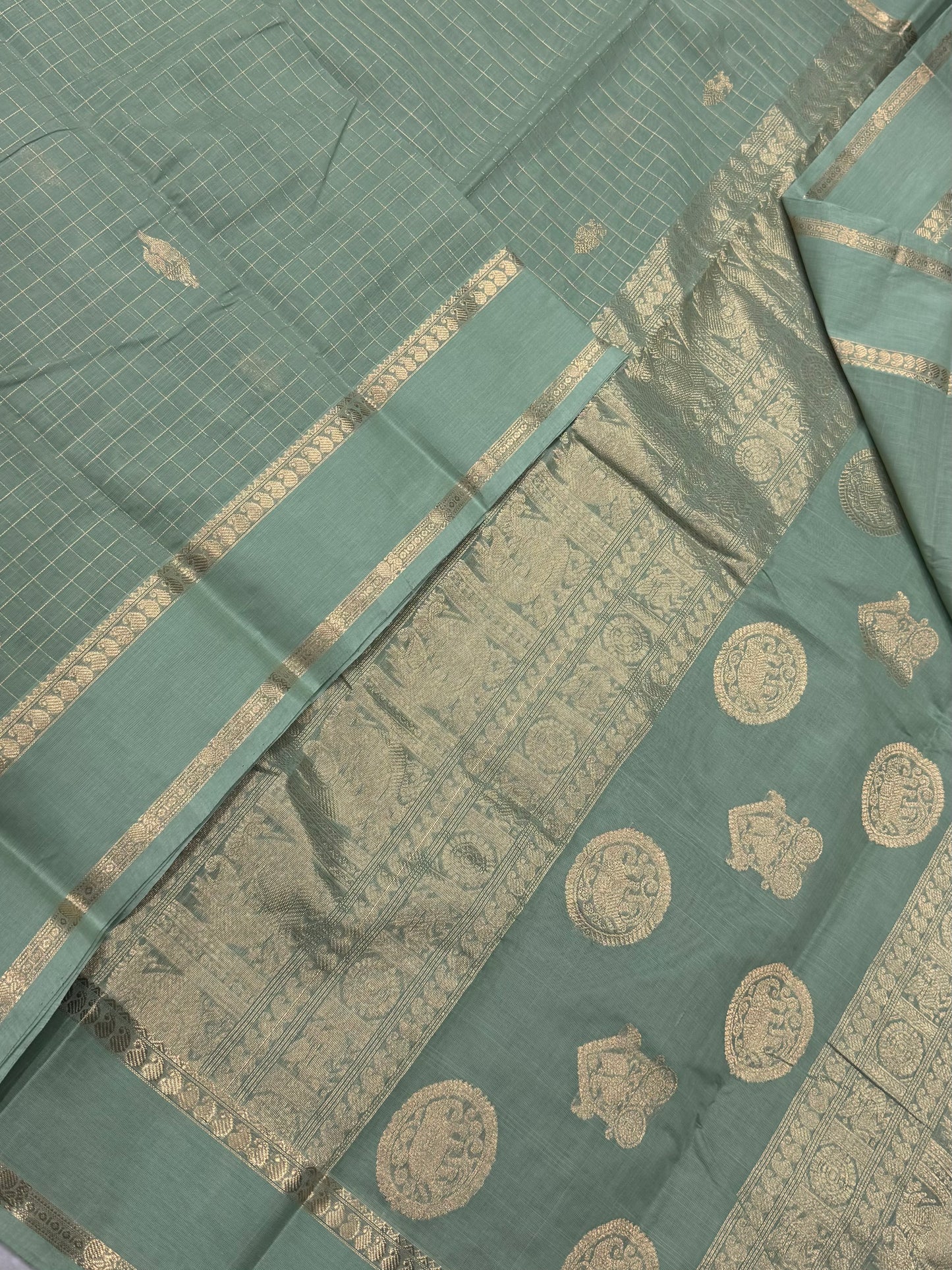 Pure Handloom Kanchi rich Cotton Saree | Zari rettaipet border X kattam butta | pastel teal X gold | intricate rich thread woven Pallu
