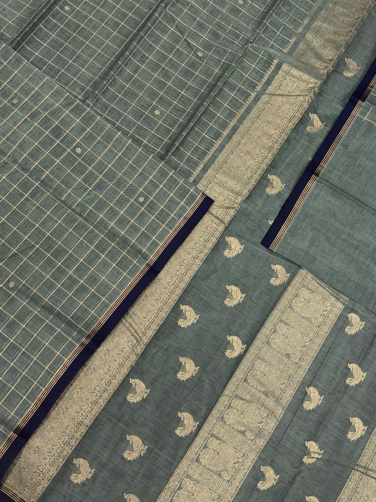Pure Handloom Kanchi rich Cotton Saree | tiny Zari border X Zari kattam | pastel teal X navy blue | rich Zari Pallu
