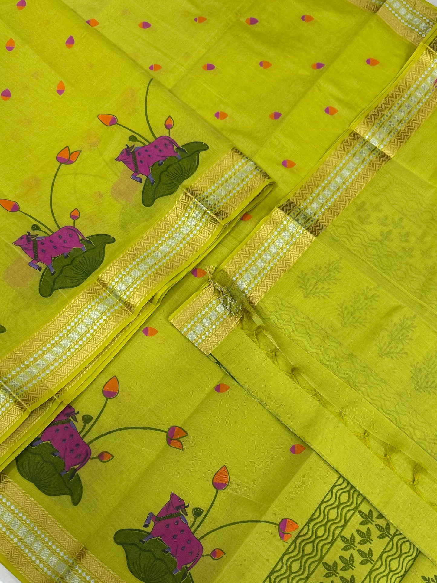 Kadhi soft Cotton | green | nizam thread border X pichwai cow