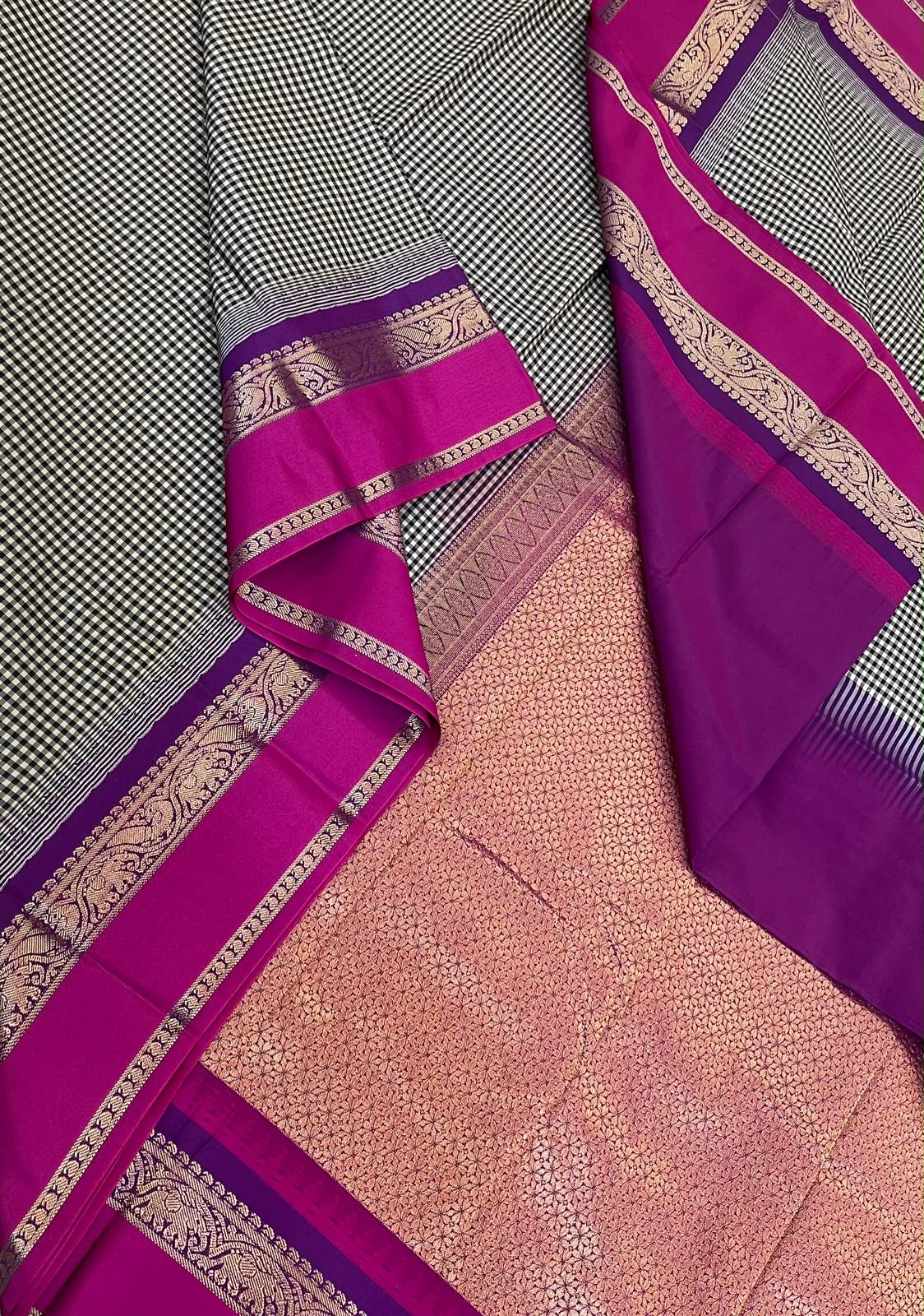 Vegan Silk Sarees Online | black x pink X Violet | kasa kasa kattam x rettaipet border