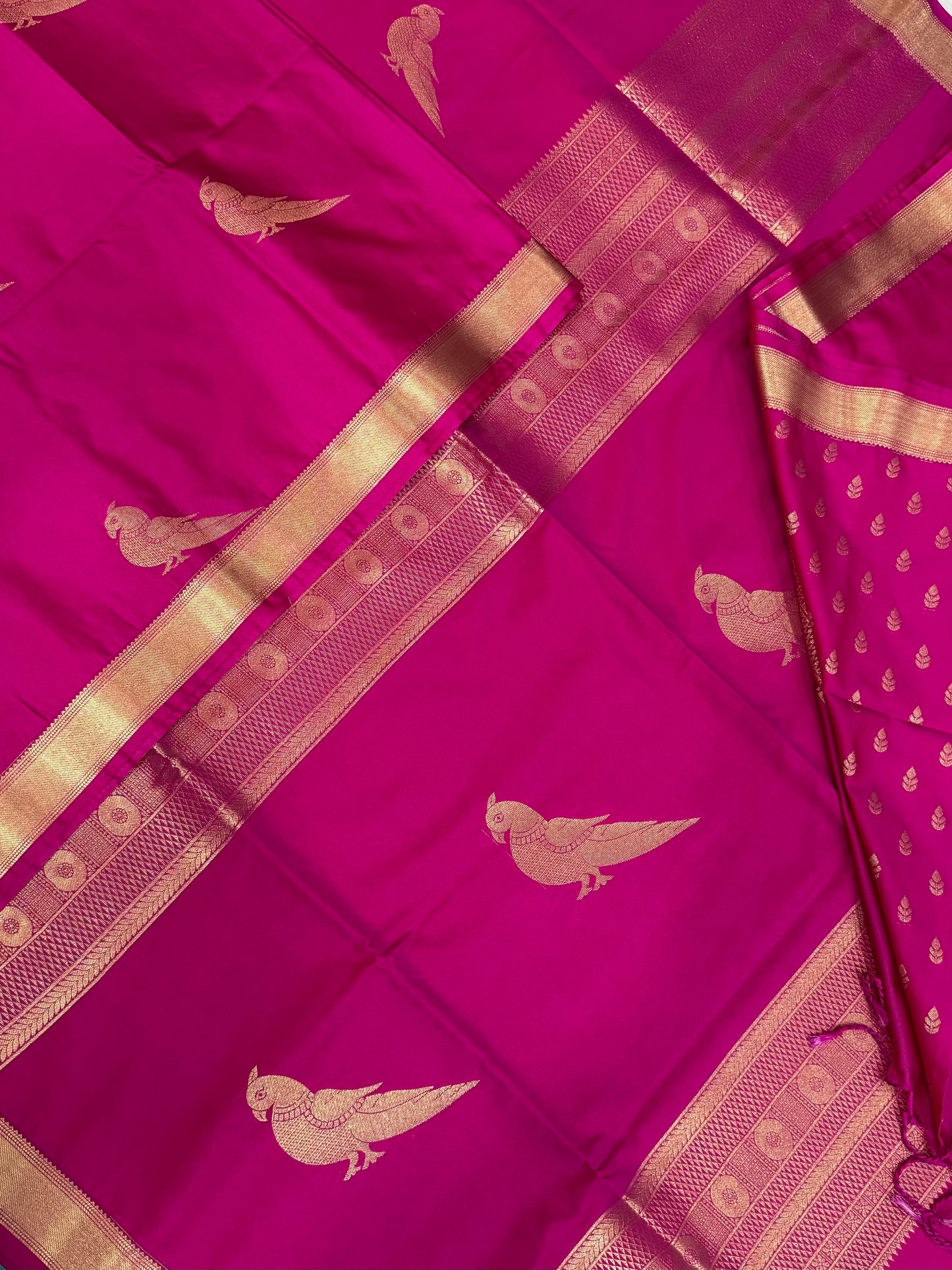 Vegan Silk Sarees Online | Rani pink X gold | killi motif