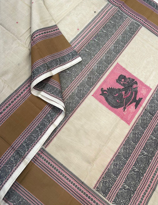 Pure Handloom Kanchi rich Cotton Saree |kalaimagal Pallu x mayil | cream x mustard x pink