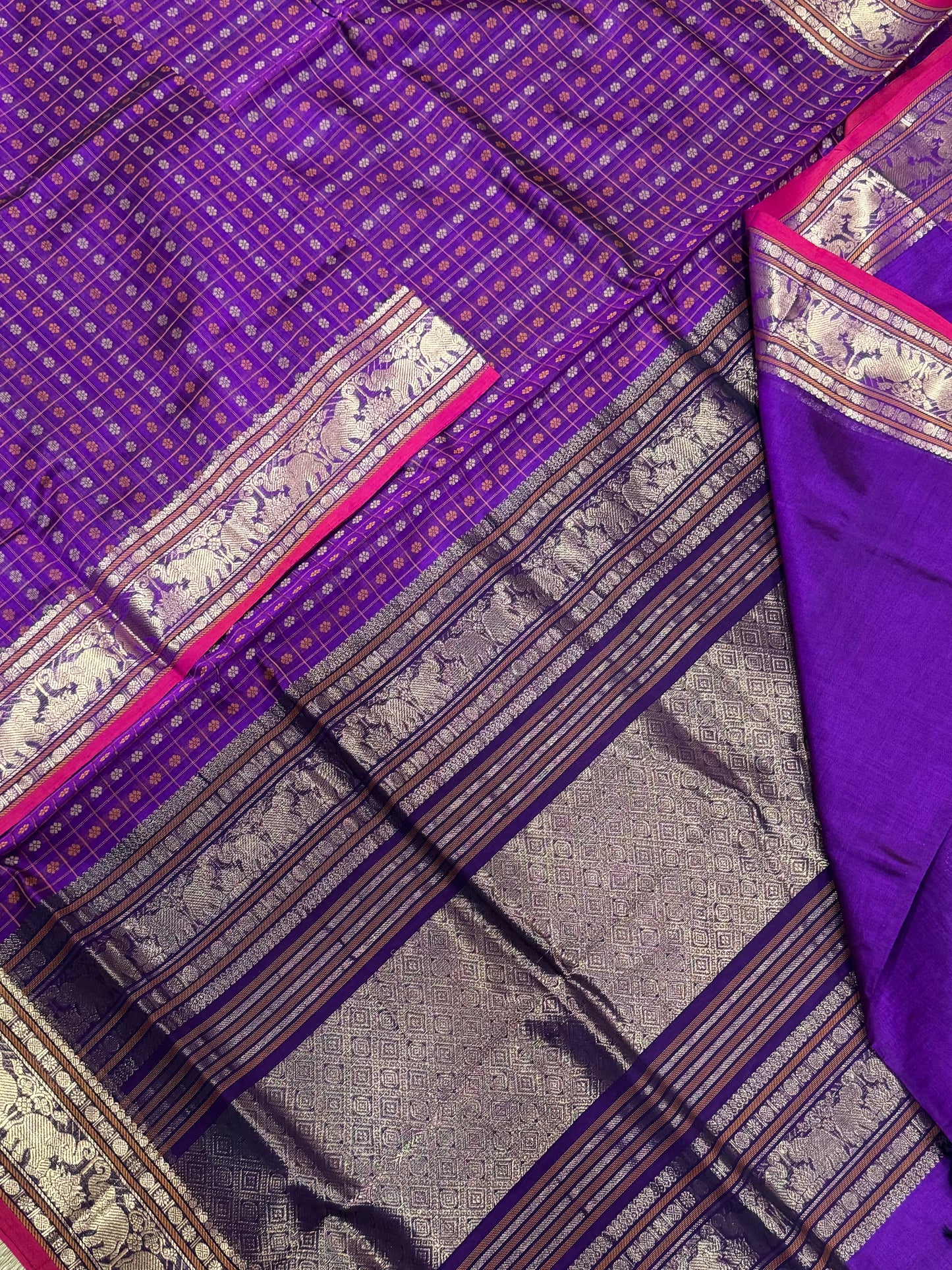 Kanchi Silk Cotton Sarees | 1000 butta X rich zari pallu X elephant zari border | violet X pink