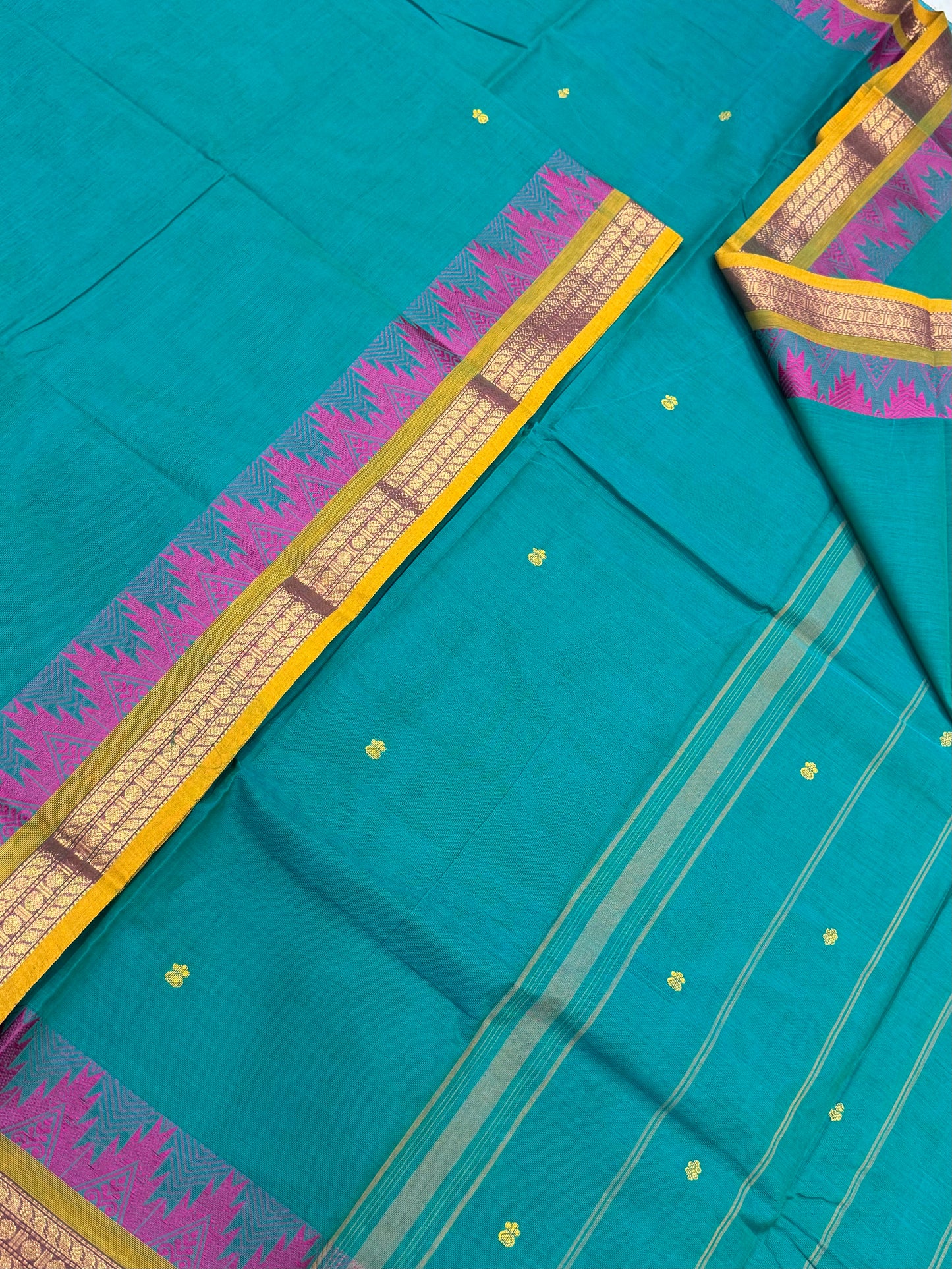 Kanchi soft cotton | Zari tiny border | teal blue x pink X yellow