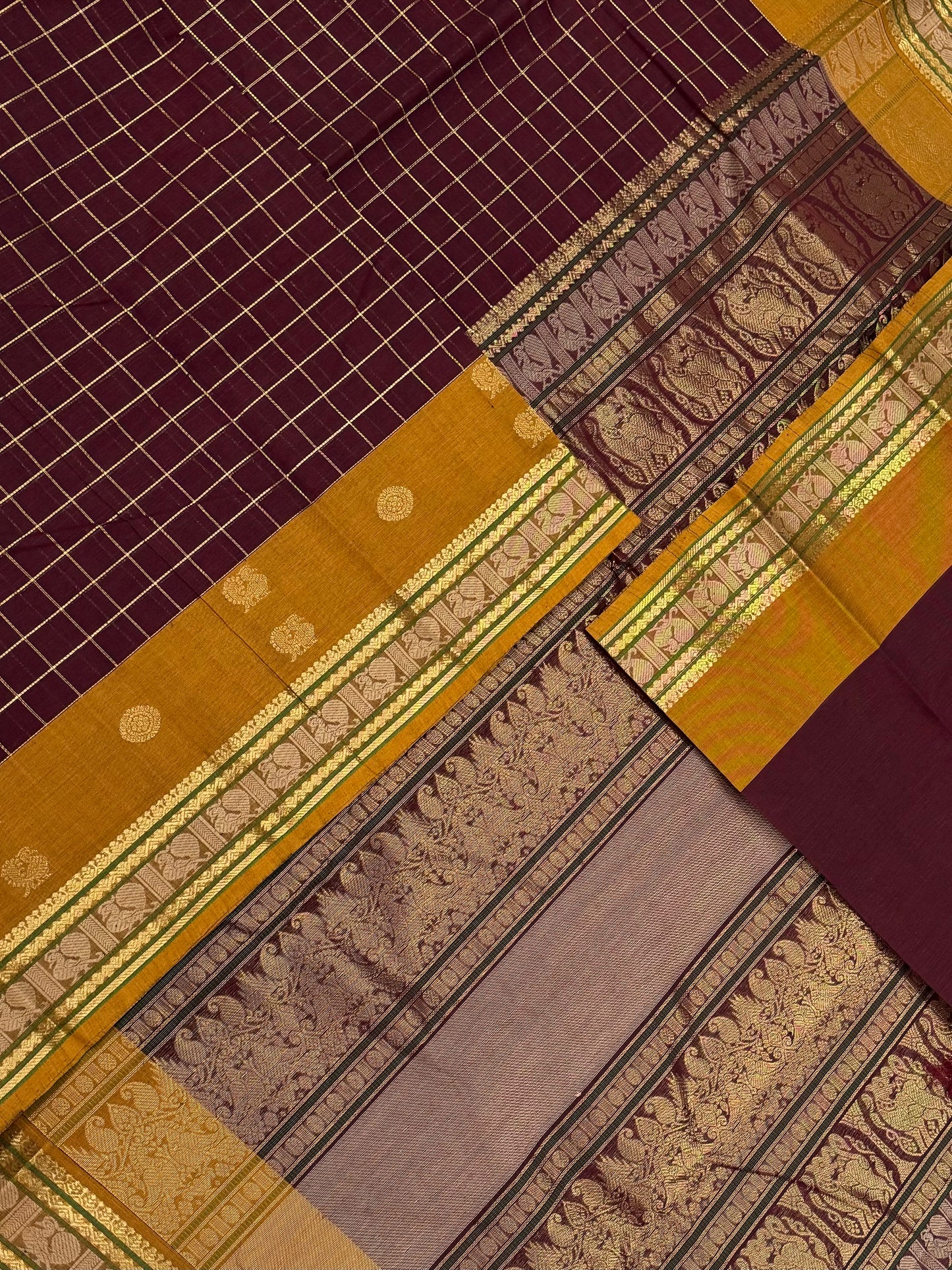 Pure Handloom Kanchi rich Cotton Saree | zari mayil chakram border X kattam | marron X mustard | intricate rich zari woven Pallu