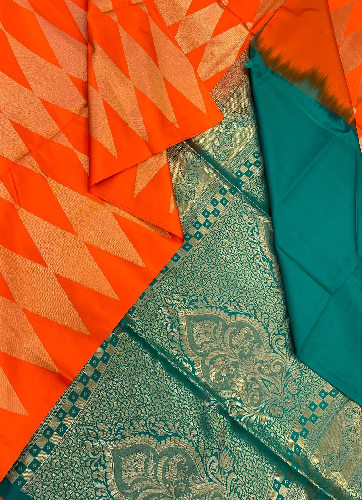 Vegan Silk Sarees Online | geometric pattern | orange X green
