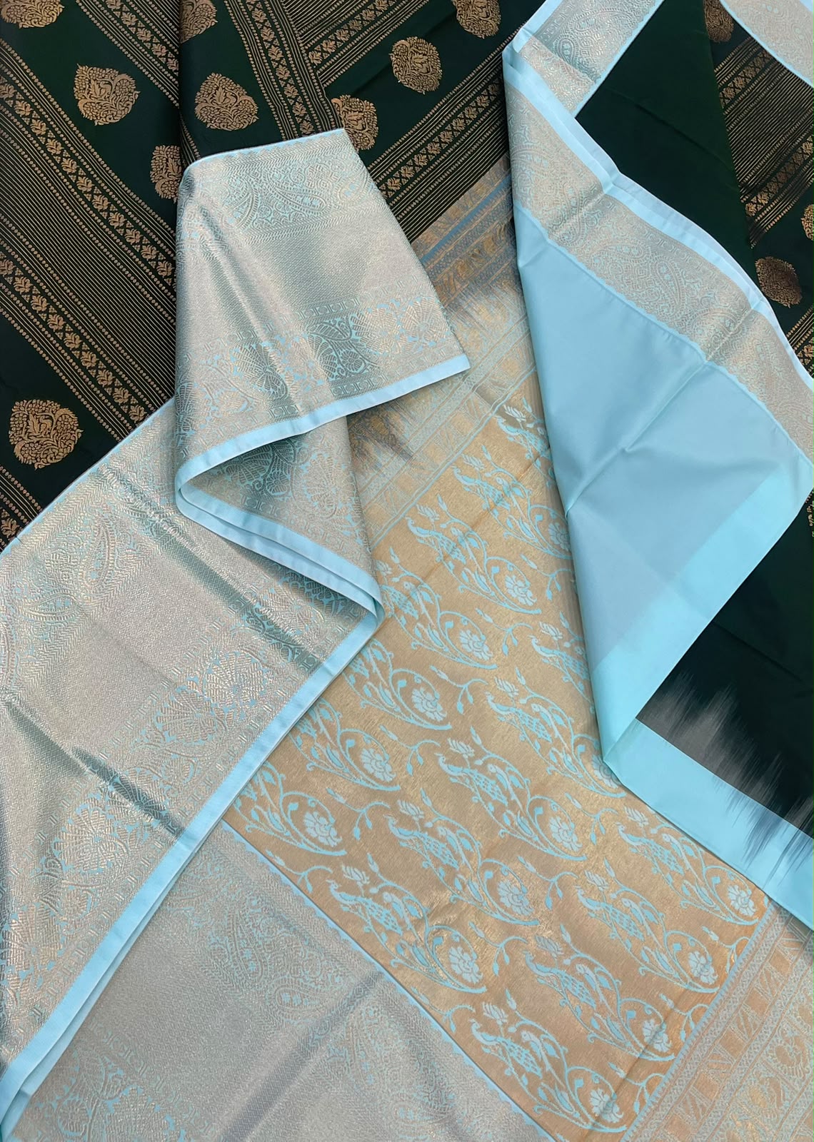 Vegan Silk Sarees Online | bottle green X sky blue | vertical varisaipet X rich border