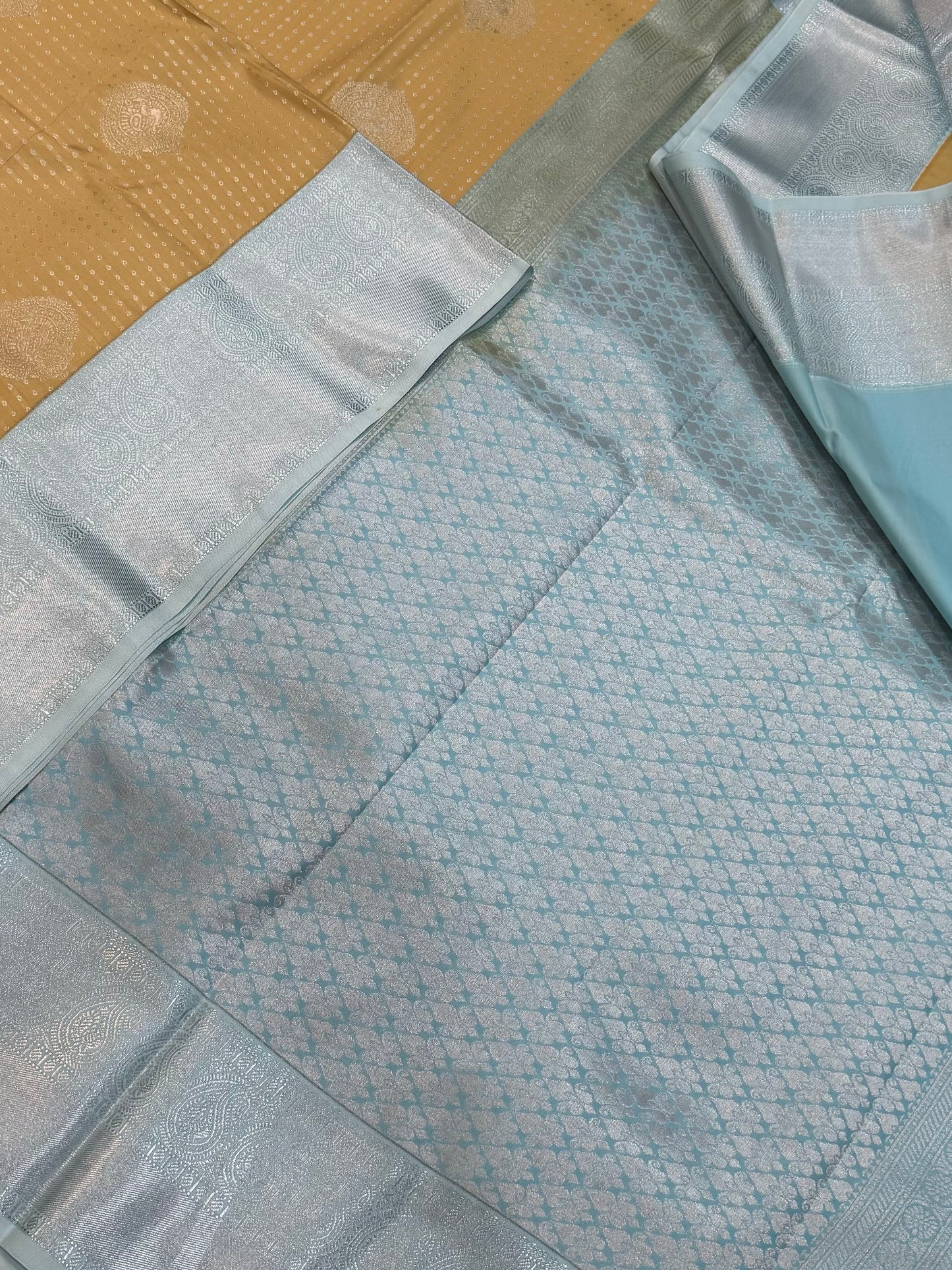 Vegan Silk Sarees Online | silver tiny motif X BUTTA | beige cream X sky pastel blue
