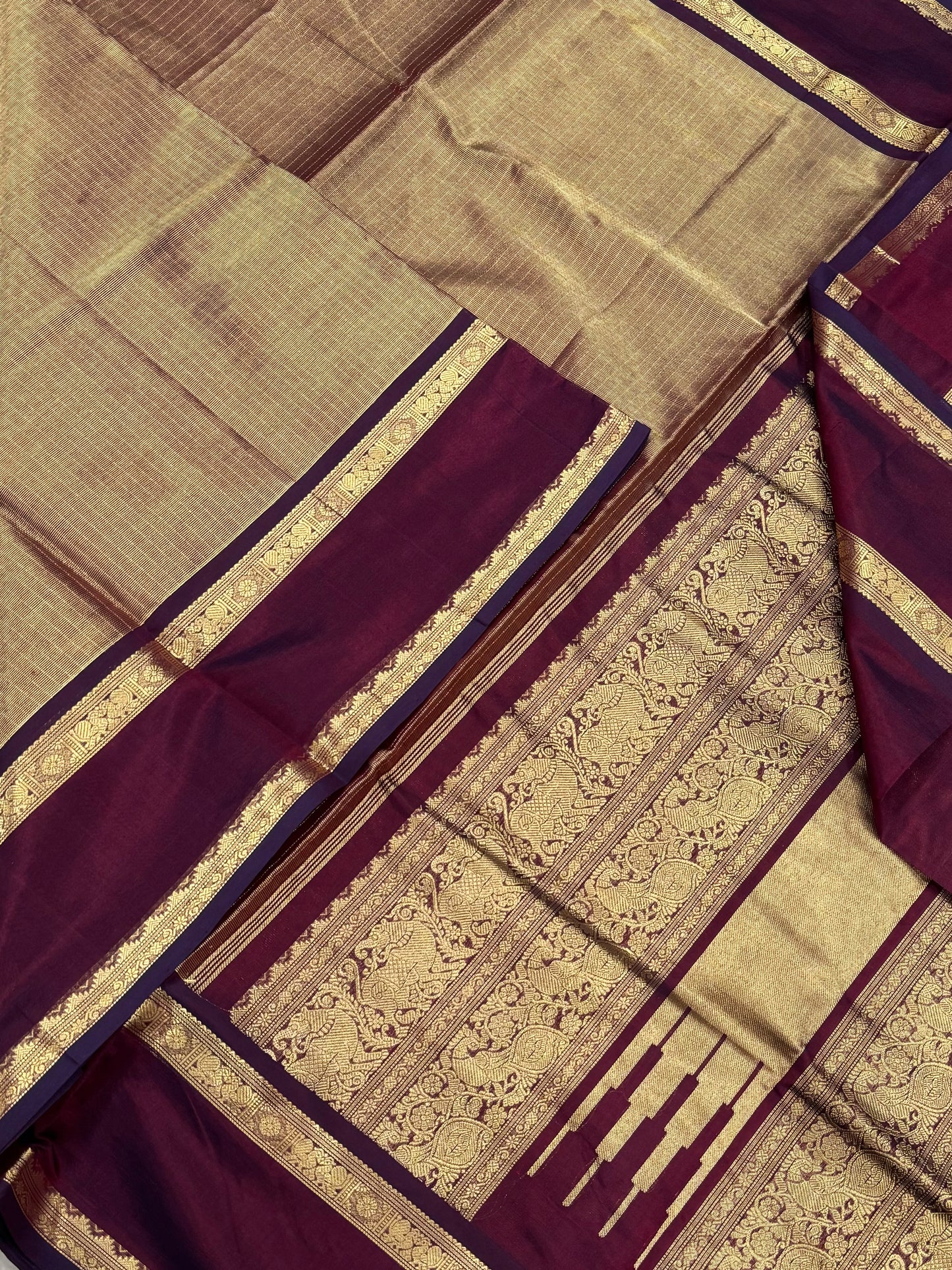 Kanchi Tissue Silk Cotton Sarees | gold X marron | rettaipet Zari border x gold kattam | NKV100
