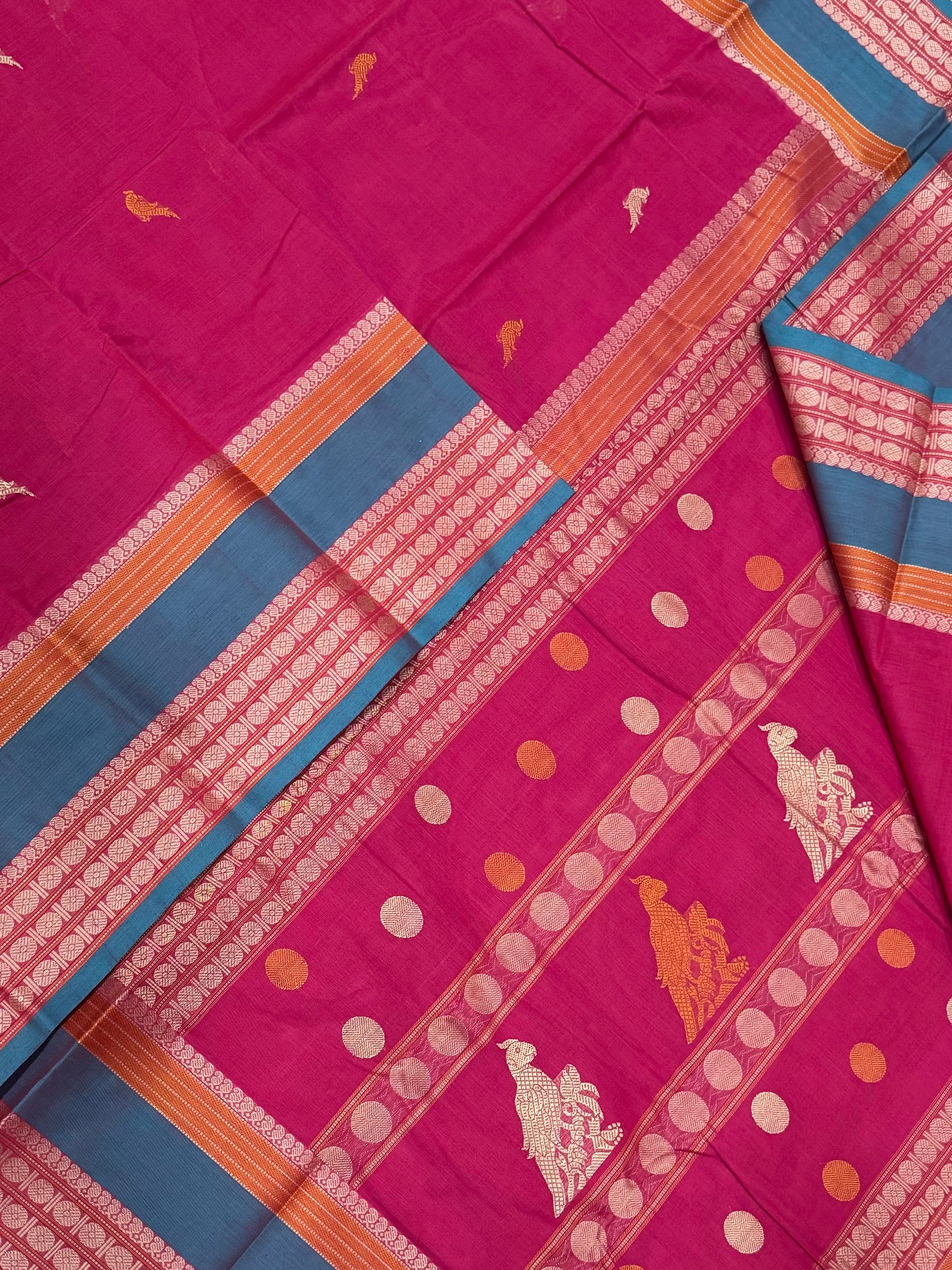 Pure Handloom Kanchi rich Cotton Saree | pink X blue | thread border X killi pallu
