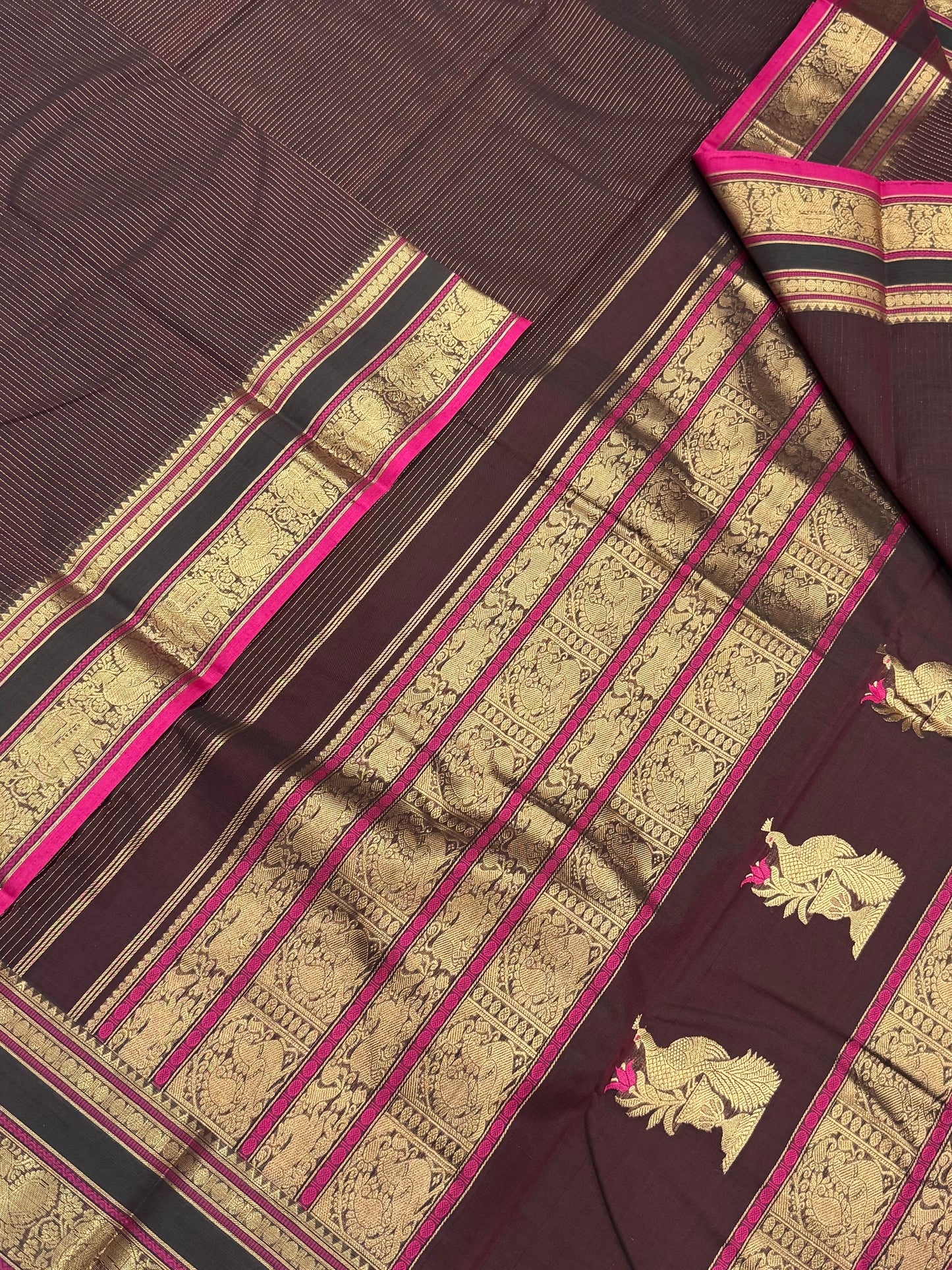 Pure Handloom Kanchi rich Cotton Saree | zari oosi vanam X rich border | brown X pink