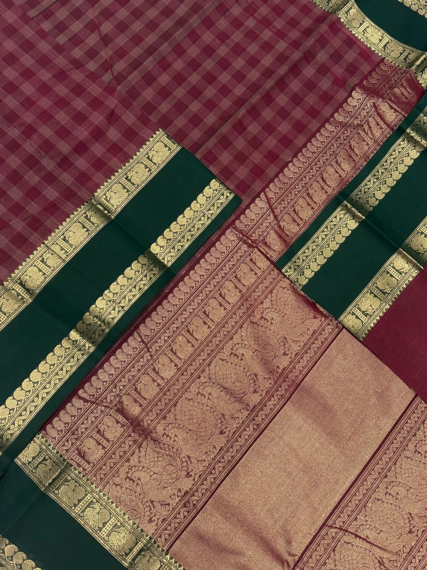 Pure Handloom Kanchi rich Cotton Saree | rettaipet Zari borders X 2x2 kattam | marron X green | rich Zari Pallu