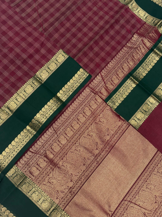 Pure Handloom Kanchi rich Cotton Saree | rettaipet Zari borders X 2x2 kattam | marron X  green  | rich Zari Pallu