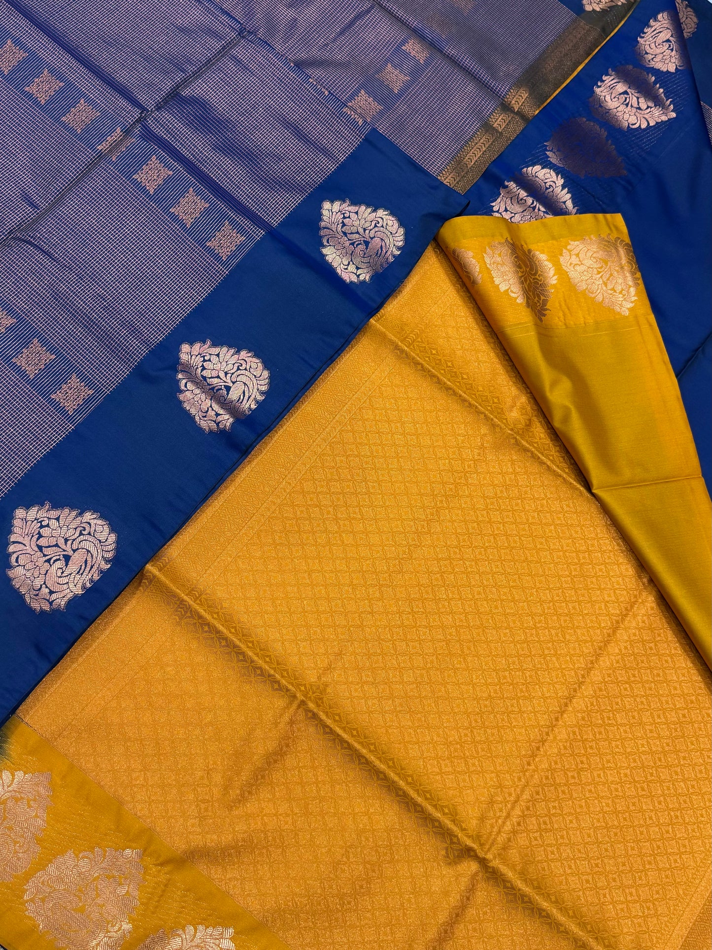 Vegan Silk Sarees Online | podi kattam | blue X Manjal