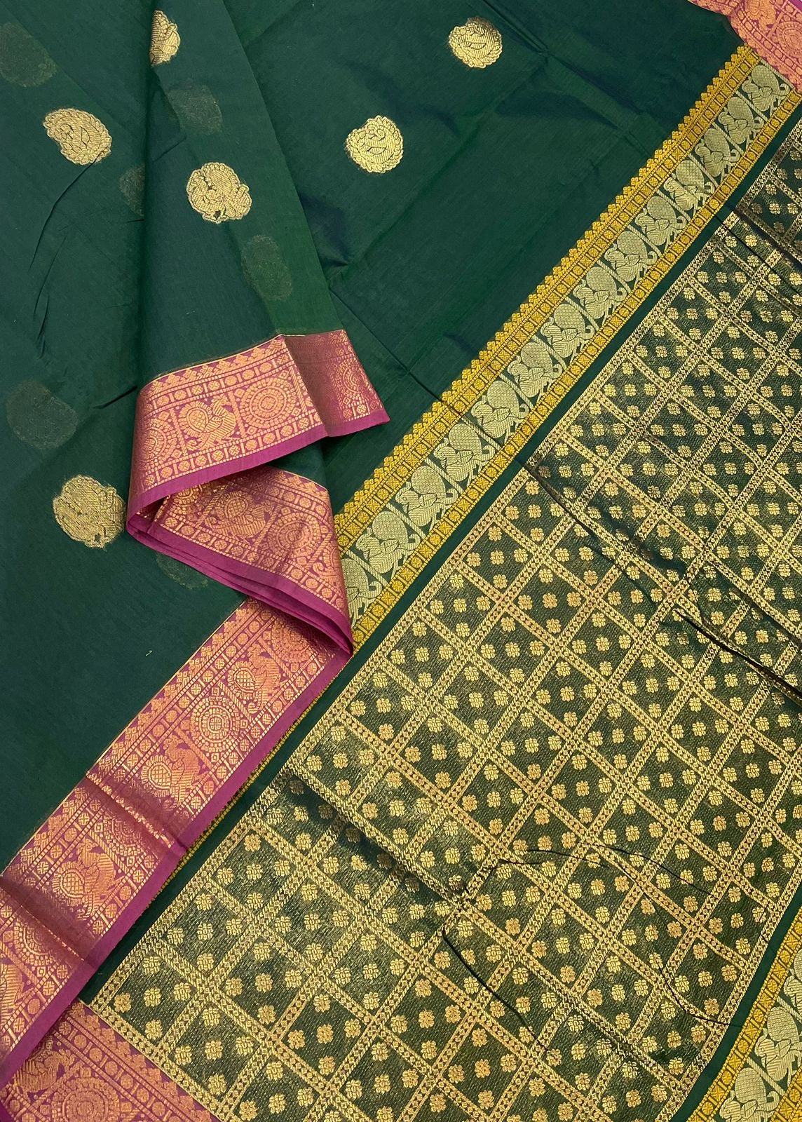 Kanchi mercerised soft cotton |rich zari border x mayil butta| green x pink| MC10