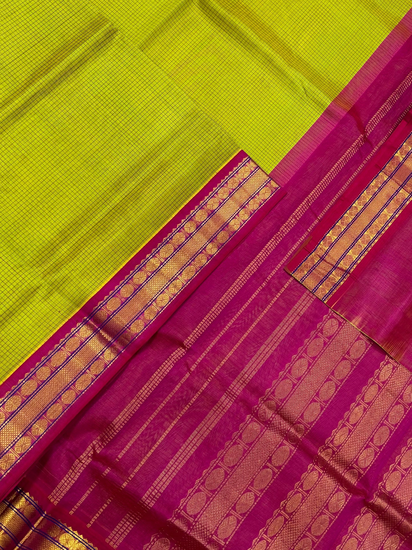 Korvai Kanchi Silk Cotton Sarees | parrot green x pink | kattam X Zari border | NKV31