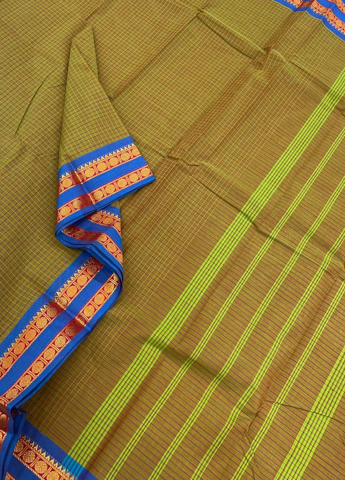 Kanchi soft cotton | kattam X zari border | TwoTone green x blue |NKV055