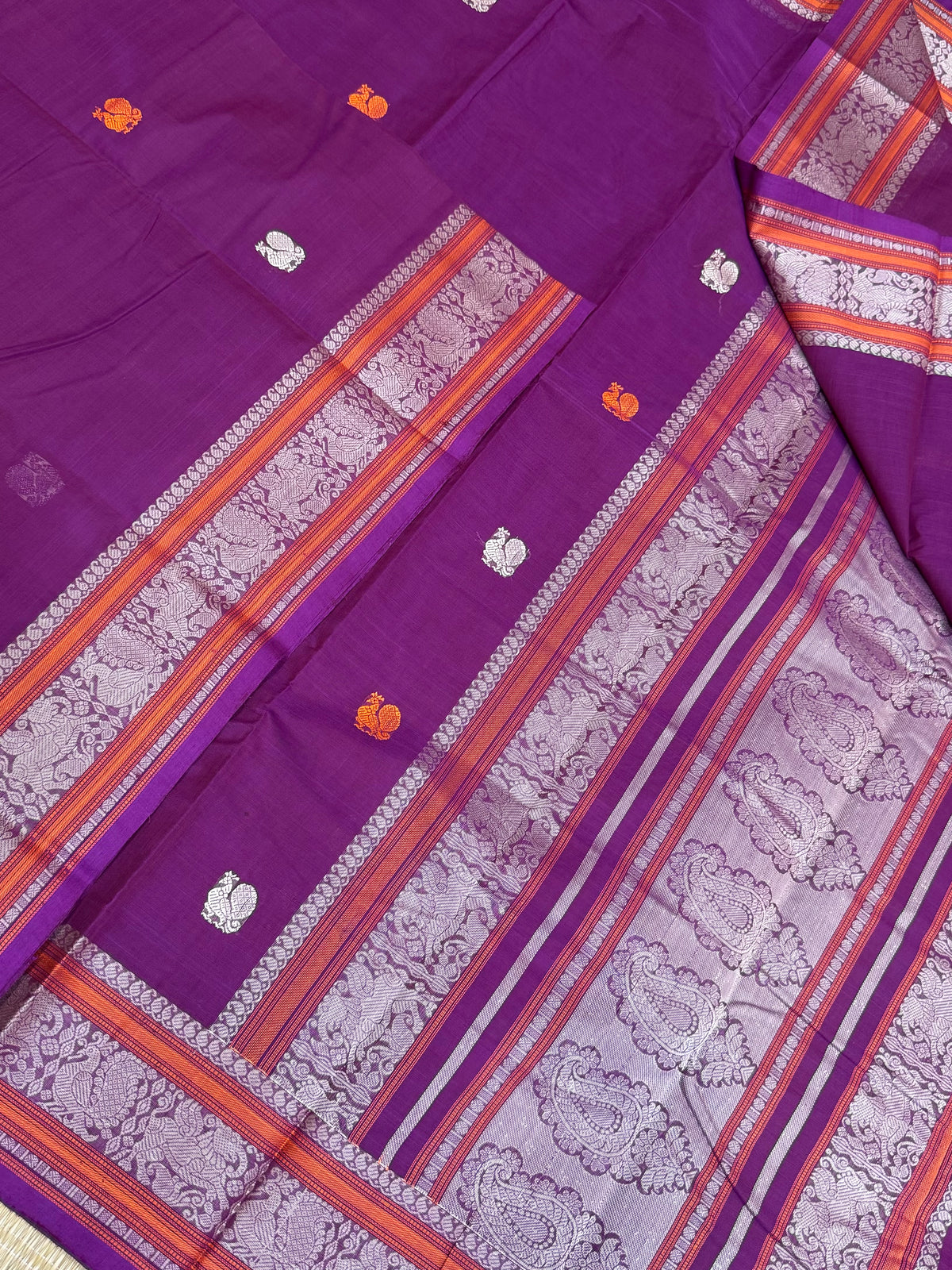 Pure Handloom Kanchi rich Cotton Saree | mayil motif X thread woven pallu | Vadamalli x orange