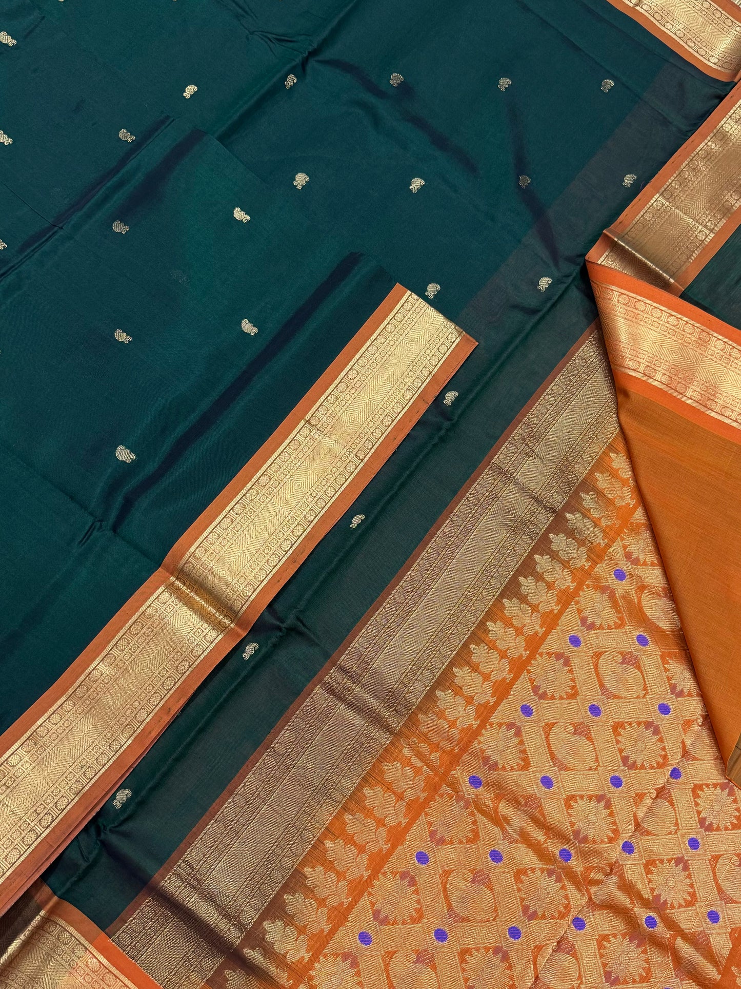 Kanchi Silk Cotton Sarees | rich zari border X tiny motif| green X orange