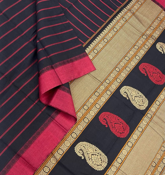 Pure Handloom Kanchi rich Cotton Saree | thread border X  veldhari butta| black X red | intricate thread woven Pallu