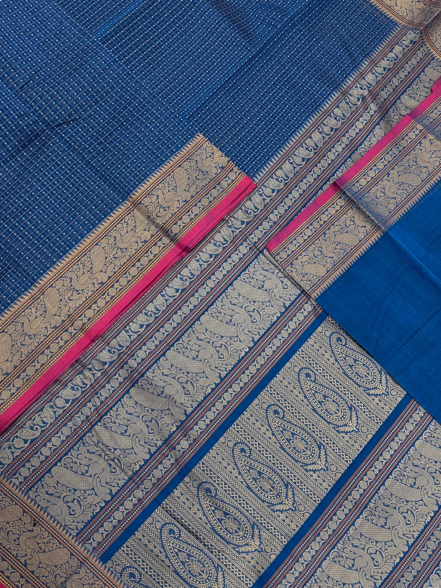 Pure Handloom Kanchi rich Cotton Saree | thread border X 1000 BUTTA | blue X pink | intricate rich thread woven Pallu