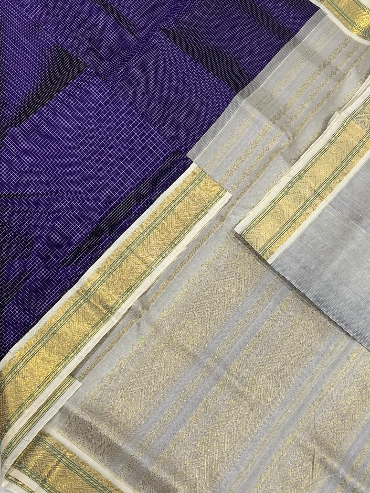 Korvai Kanchi Silk Cotton Sarees | blue x cream | kattam X Zari border | NKV31