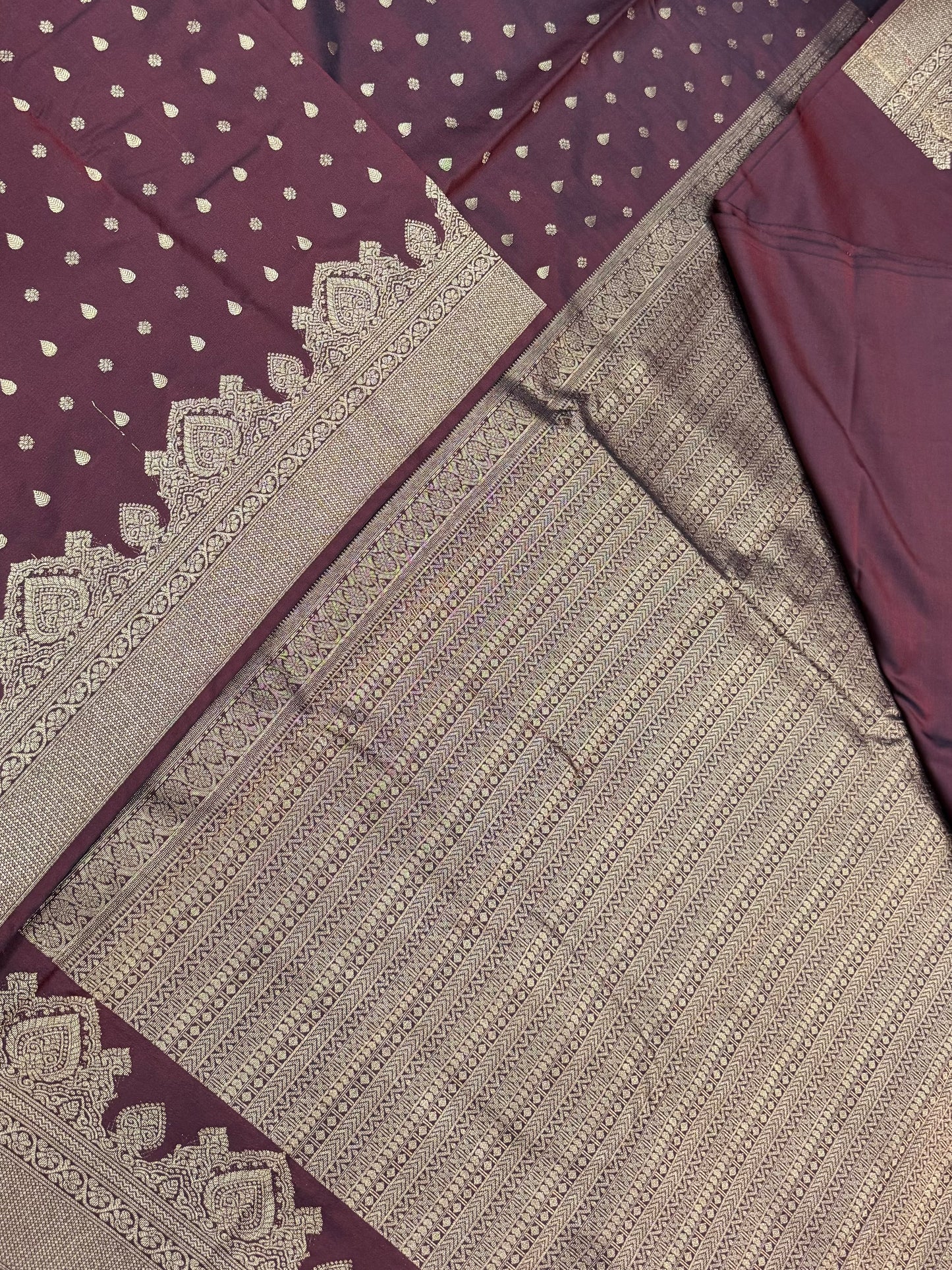 Vegan Silk Sarees Online | tiny motif X rich border | dark brown