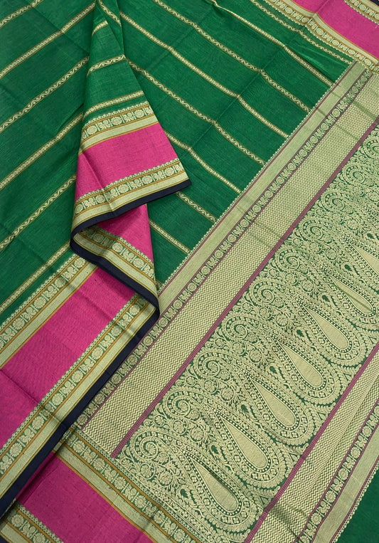 Kanchi handloom rich cotton | veldhari. kattam X rettaipet border | green x pink