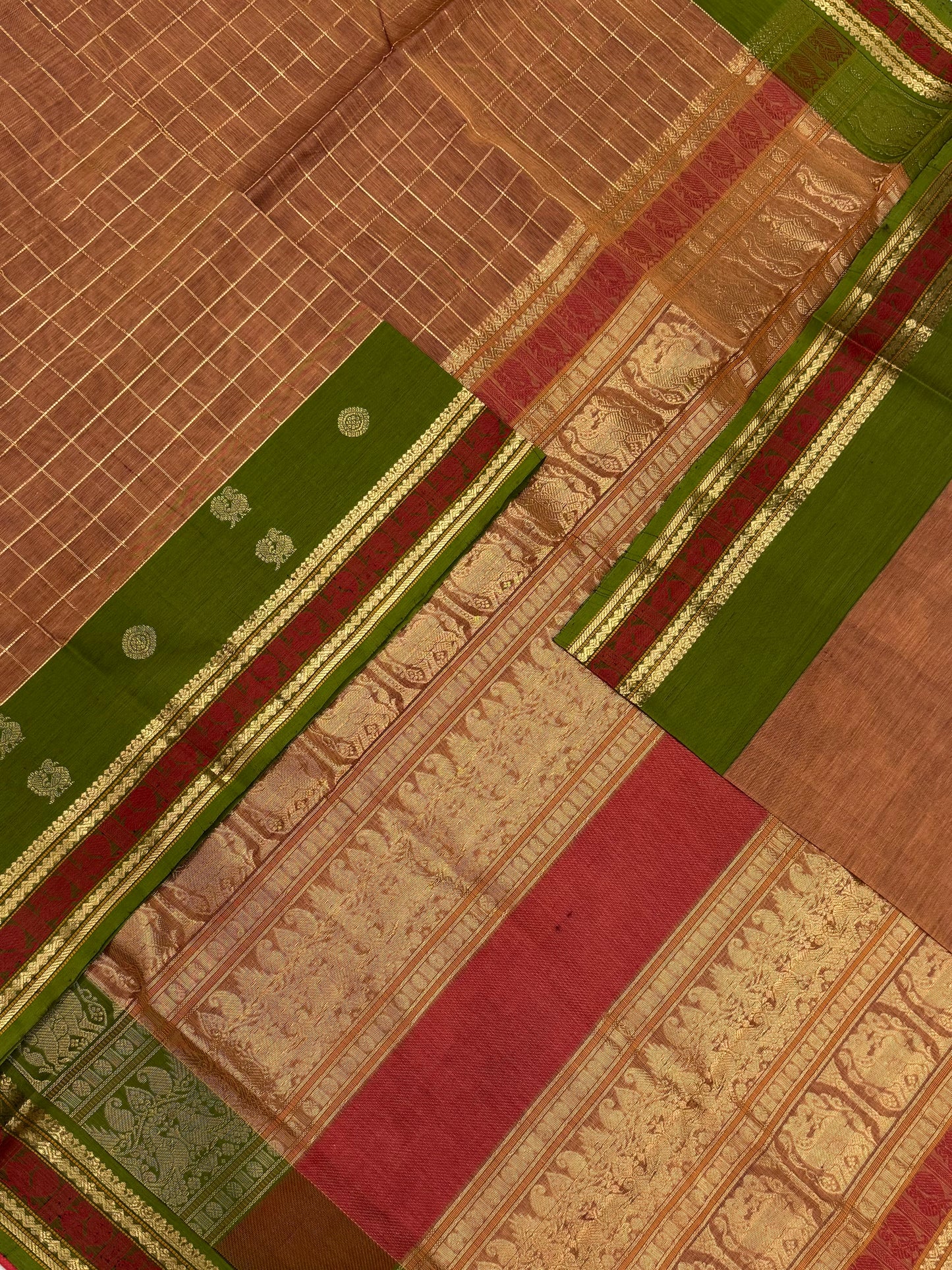 Kanchi Silk Cotton Sarees | kattam X mayil chakram Zari border | peach x green zari border | NKV20
