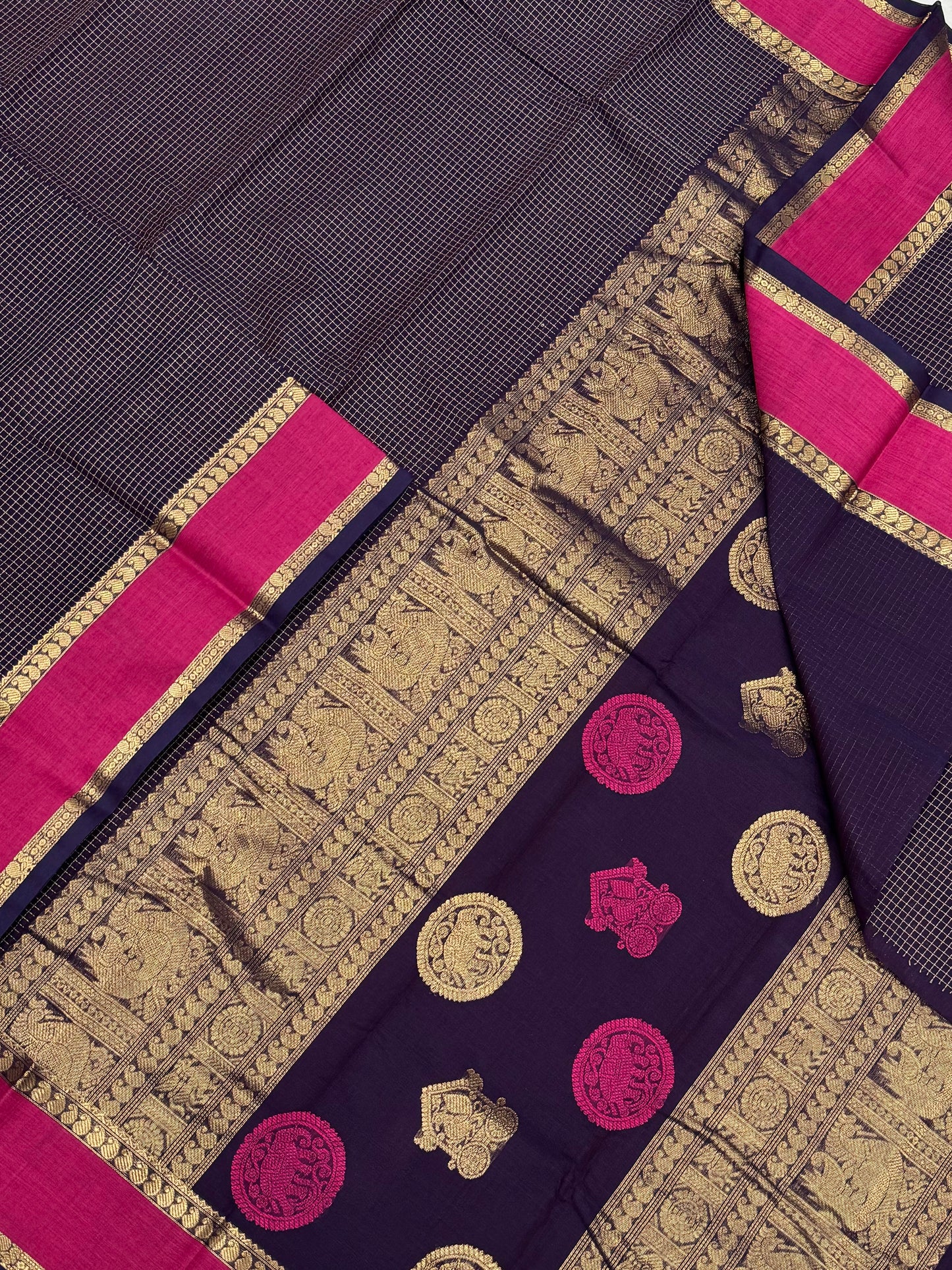 Pure Handloom Kanchi rich Cotton Saree | rettaipet Zari border X thread podi kattam | violet X pink | rich Zari woven Pallu