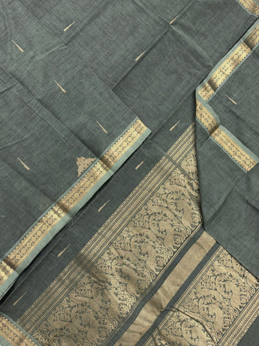 Pure Handloom Kanchi rich Cotton Saree | teal X gold | intericate weave Zari tiny border