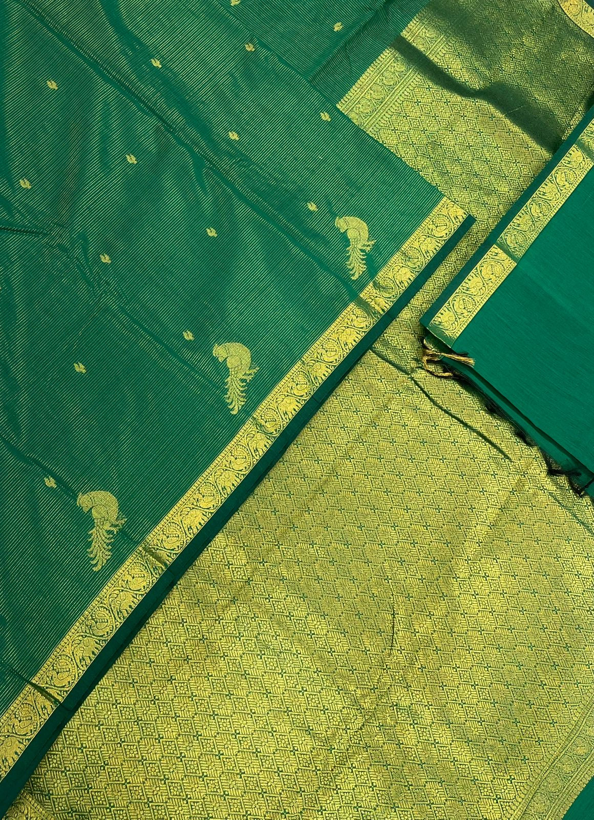 Semi Silk soft Cotton Sarees | vairaoosi X parrot x tiny zari border | green X gold | NKV11