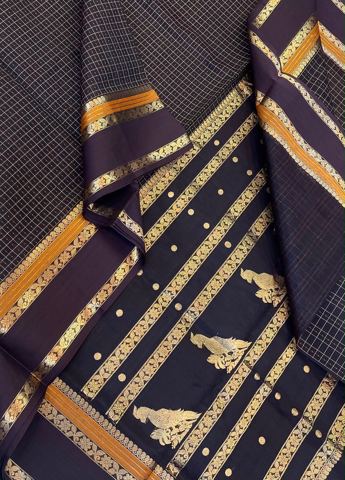 Kanchi Silk Cotton Sarees | 1000 butta X rich zari killi pallu X zari rettaipet border | black X brown ( pakku color )