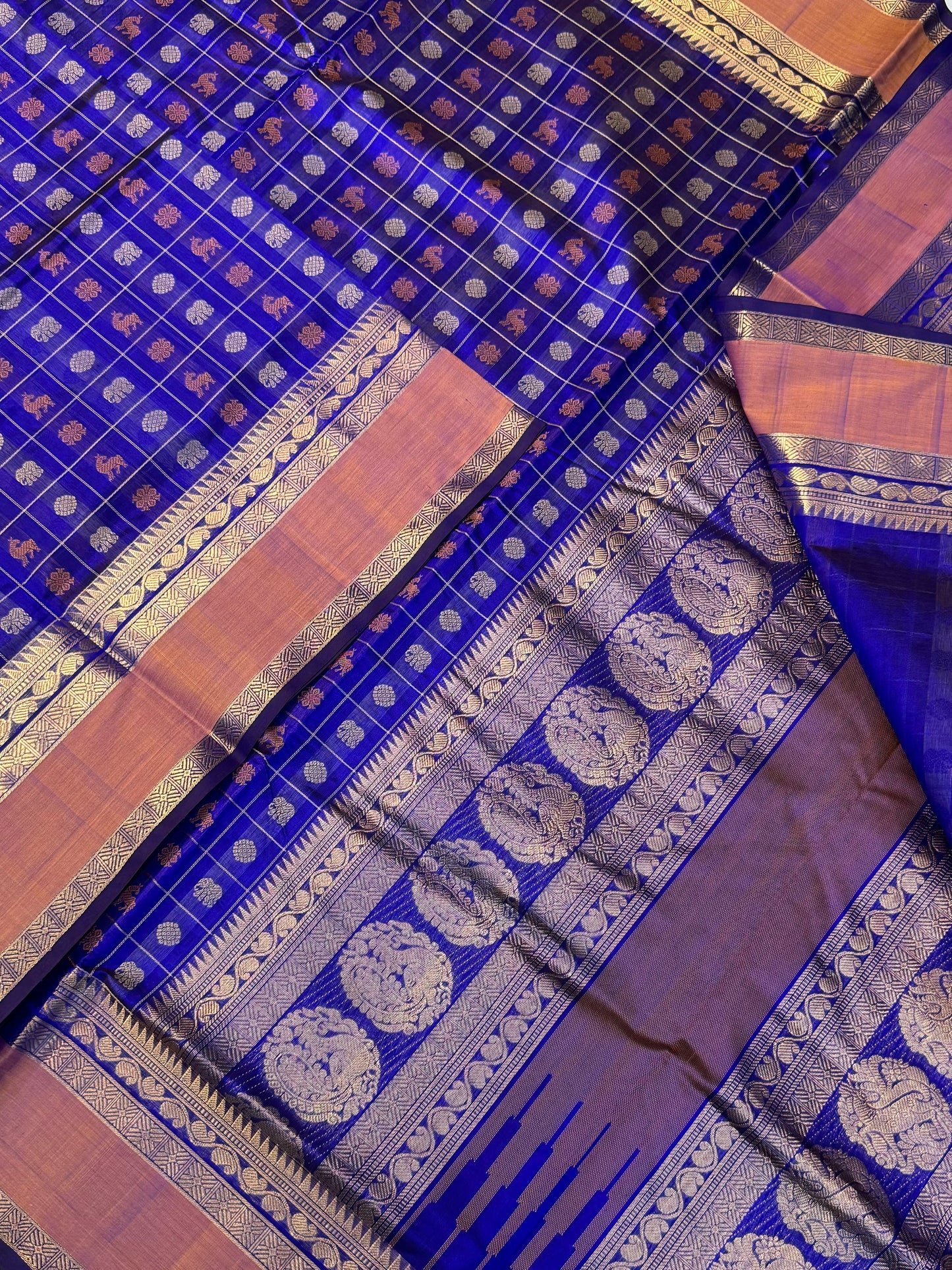 Kanchi Silk Cotton Sarees | 1000 butta X rich zari pallu X zari border | royal blue X orange