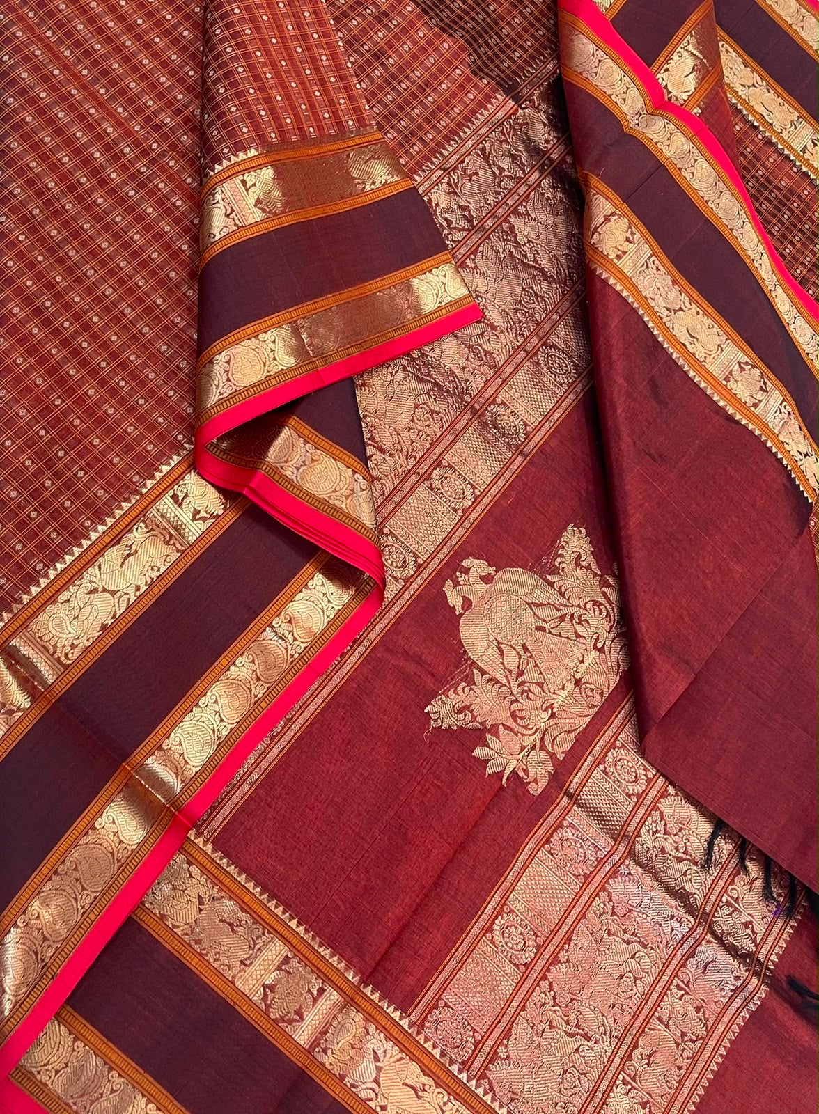 Kanchi Silk Cotton Sarees | 1000 butta X rich zari eruthalapakshi pallu X zari rettaipet border | aaraku(marron) X red