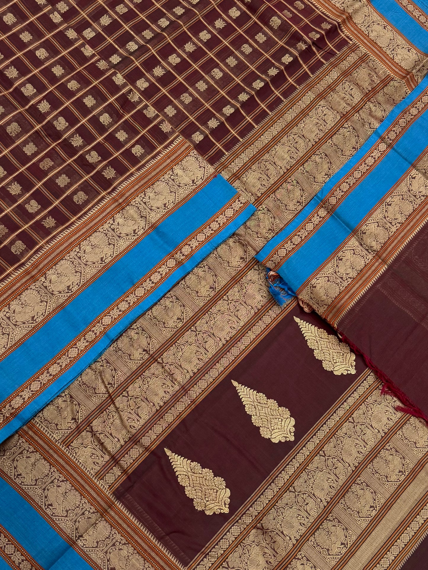Pure Handloom Kanchi rich Cotton Saree | thread border X 1000 BUTTA | aaraku X blue | intricate thread woven Pallu