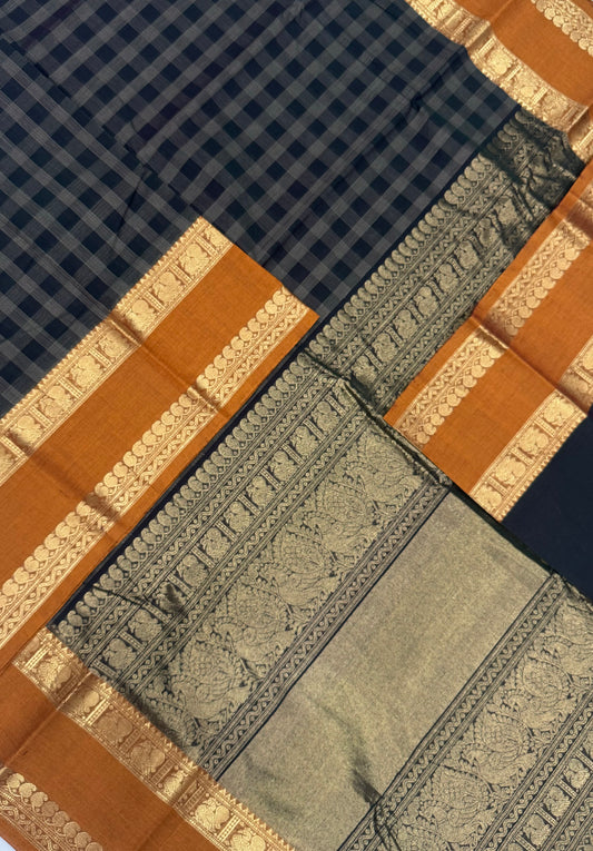 Pure Handloom Kanchi rich Cotton Saree | rettaipet Zari border | bottle green X mustard | rich Zari Pallu